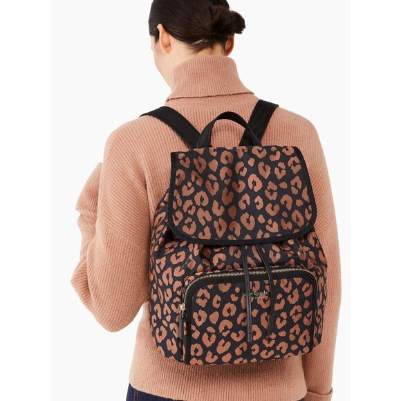 New Kate Spade Sam Leopard Medium Backpack The Little Better Nylon Black Multi - Picture 4 of 5